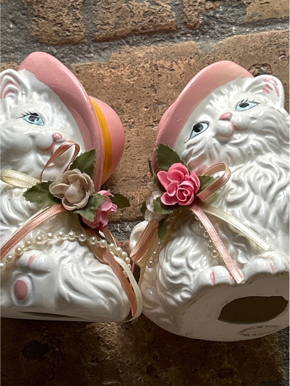 Vintage Napco White Cat Figurines with Pink Hats and Floral Ribbons - Set of 2